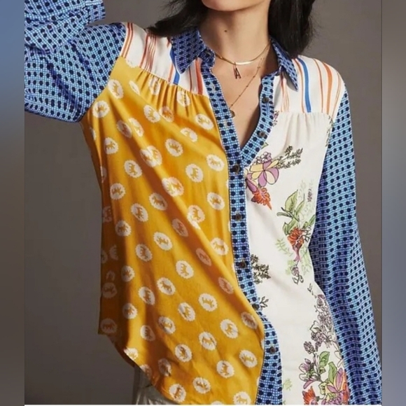 Anthropologie Tops - Anthropologie Preppy Maeve The Paz Button Down Colorful Patchwork Blouse Sz XLP